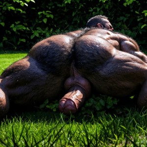 Dos hombres sin ropa, 35 y 40 años, acostados en la posición sexual del camasutra 69, polla grande y erecta, músculos definidos, vello abundante, esfínter del ano iluminado, acostados en césped, cuerpos musculosos, piel bronceada, escena intensa, con sudor y pasión. Huevos grandes y peludos. De espalda con huevos
