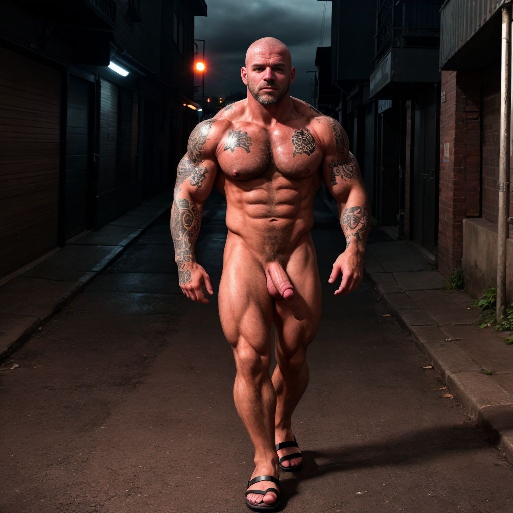 Un skinhead de 30 años, completamente desnudo, delgado, con el pene visiblemente expuesto, se yergue con seguridad a plena vista. Lleva sandalias resistentes que realzan su musculatura. Está andando de forma segura y viril. El escenario es un entorno urbano con un fondo sombrío, que realza su porte audaz y su imponente presencia. La iluminación realza su físico, resaltando sus tatuajes y músculos definidos. Tiene su mano sujetando su pene, masturbación. Tiene mucho vello por todo el cuerpo