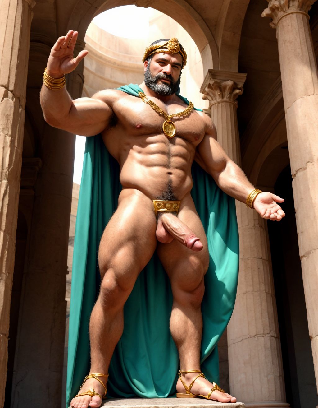 El dios Priapo de Pompeya está desnudo de pie. Es delgado y muy alto. Priapo es dios de la mitología romana. Está en el museo de Nápoles. Tiene un pene grande y erecto. Tiene mucho vello por todo el cuerpo. Tiene sandalias en los pies. Tiene músculos muy definidos. Tiene una corona de laurel. Levanta una mano para saludar al público. El cuerpo está iluminado con focos de luz blanca. Tiene los ojos verdes. Lleva una cadena brillante en los pies. Tiene mucho vello en el pecho moreno. Tiene una capa de oro sobre su espalda.