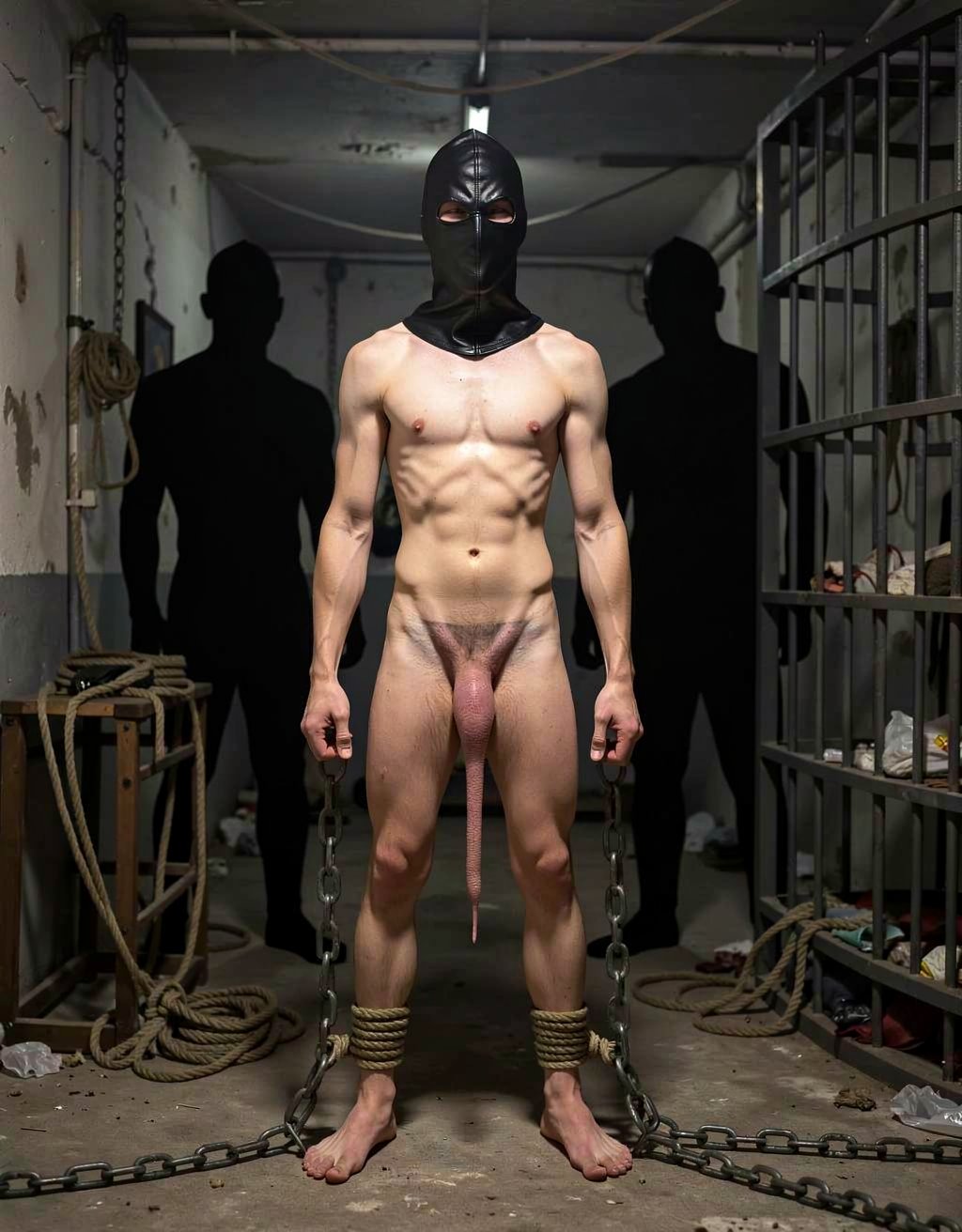 joven de 20 años desnudo muy delgado sin vello corporal, de pie atado de pies y manos con una capucha de cuero negro en la cabeza sin poder ver. Tiene un pene largo y grueso sin vello. Se encuentra en un sucio y oscuro sótano con cadenas, cuerdas, una jaula de barrotes de metal con ambiente de bondage. Al fondo 2 siluetas oscuras de 2 grandes maduros desnudos lo vigilan para usar.