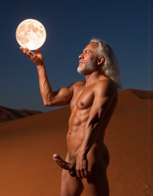 Enrique es un hombre muy delgado de 50 años, tiene cabello largo con canas blancas, tiene barba blanca abundante y larga. Está totalmente desnudo, en su mano derecha lleva una bola de 10 cm de diámetro de cristal, es mágica y está iluminada reflejando un pene erecto con dos testículos peludos, eleva la bola hacia el cielo ofreciéndola a la Luna. Enrique tiene un cuerpo muy delgado con músculos marcados y definidos. 💪🏼. Tiene un pene erecto de 36,8 cm de longitud y 7,9 cm de diámetro. Tiene mucho vello corporal blanco en su pecho, tiene mucho vello en sus brazos y tiene mucho vello en sus piernas. Está en la arena del desierto entre grandes dunas de arena color terracota. Tiene la piel morena bronceada por el Sol. Tiene sandalias en sus pies. Está mirando a la Luna mientras levanta la palma de la mano derecha señalando la Luna 🌓 . Tiene la boca entreabierta. Tiene la mano derecha sobre su pene y está masturbándose 