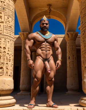 Useref Re desnudo príncipe heredero del faraón Userkaf de la ciudad egipcia Saqqara junto a una puerta falsa de granito rosa. Año -2455 antes de Cristo. Monumental estela de falsa puerta. Está desnudo. Tiene sandalias. Está delgado y musculoso. Tiene mucho vello. Tiene pene enorme. Tiene testículos grandes redondos y largos. Amor a todos los hombres desnudos de penes grandes que hay a su alrededor.