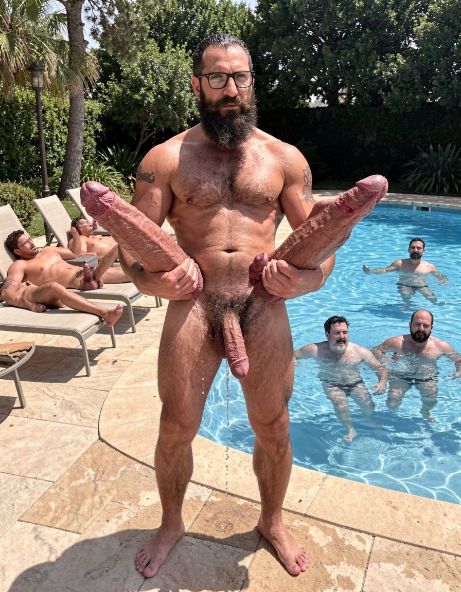 A hyperrealistic cinematic photograph in bright daylight next to a luxurious outdoor pool. Hipsterbarba, 40 year old dominant muscle bear, 180cm 80kg 8% body fat, stands completely naked on the stone deck, thick dark wet body hair plastered to his powerful chest, shoulders, abs and thighs, very long thick Bandholz beard and curled handlebar mustache dripping water, black glasses on, small 