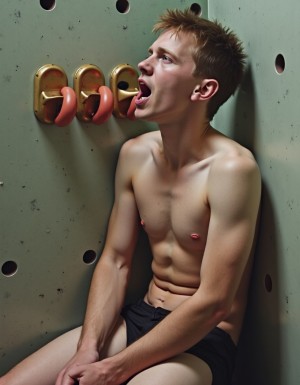 Chico joven desnudo sentado de cuerpo entero en una cabina de glory holes en Reds en Maspalomas, por los agujeros salen penes erectos que eyaculan en su boca. 