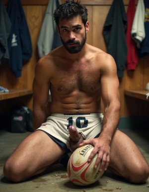 Felipe es un hombre fornido de rugby arrodillado en el suelo del vestuario, con músculos definidos y piel bronceada que refleja el esfuerzo físico, ojos cansados pero satisfechos que sugieren un partido intenso, barba incipiente que cubre su mandíbula y mejillas, destacando su rostro varonil. Lleva un pantalón corto de rugby que se encuentra bajo en sus caderas, dejando visible su pene grande erecto, símbolo de su masculinidad y energía. A su lado, un balón de rugby manchado y sudado, testimonio del juego apasionado que acaba de terminar. Sobre su torso, una camiseta arrugada con el número 