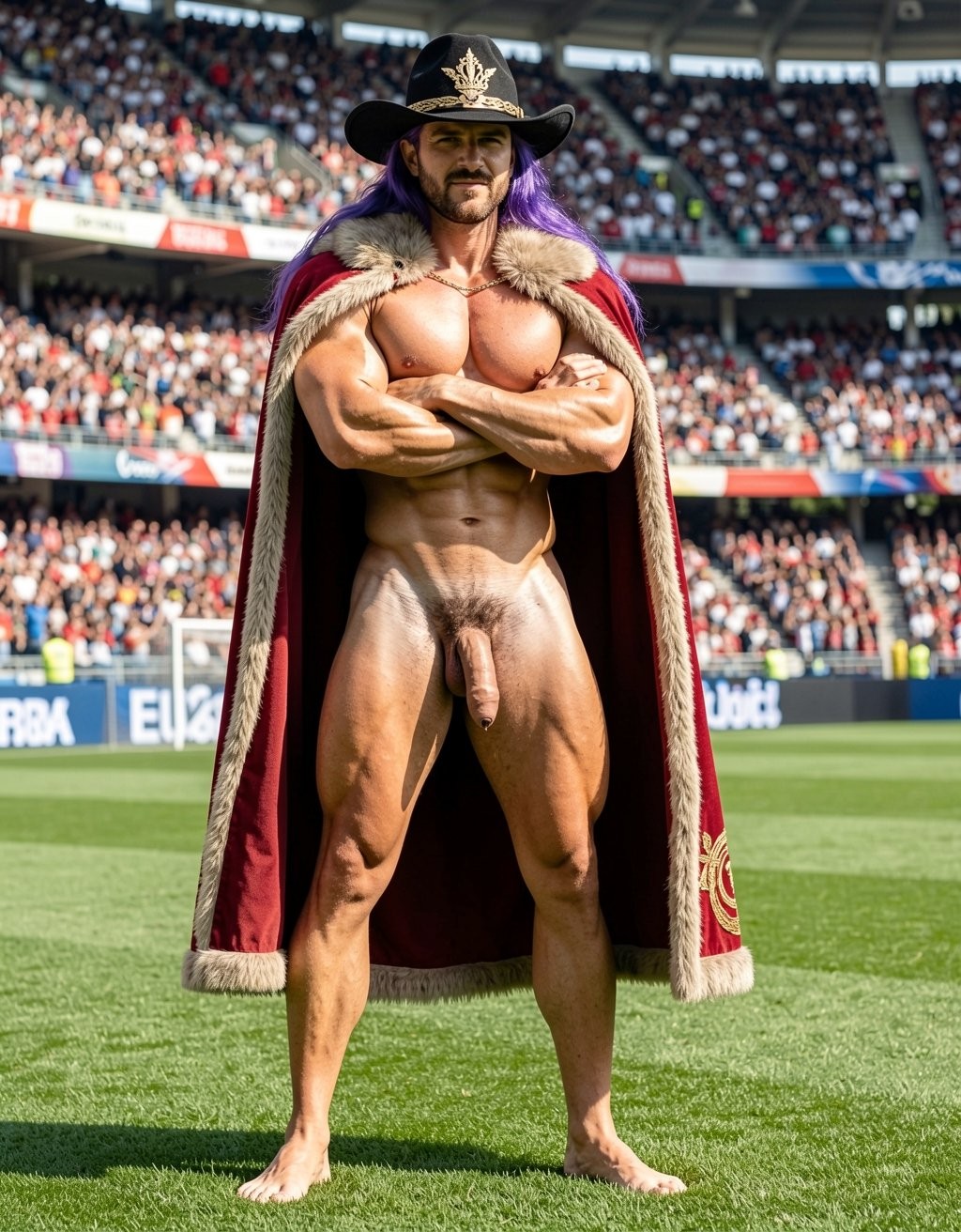 A muscular, naked man poses standing on the grass of a soccer stadium full of spectators, with his arms crossed and a dominant, theatrical attitude. He wears a long burgundy cape with light fur trim and gold details, as well as a black wide-brimmed hat with a metallic emblem, giving him the appearance of a king, champion, or fantasy character. His sculpted torso, defined abs, strong legs, and visible penis stand out in the center of the composition, illuminated by natural light. In the background, packed stands, advertising boards, and the green field can be seen, creating a contrast between nudity, sporting spectacle, and epic staging.
