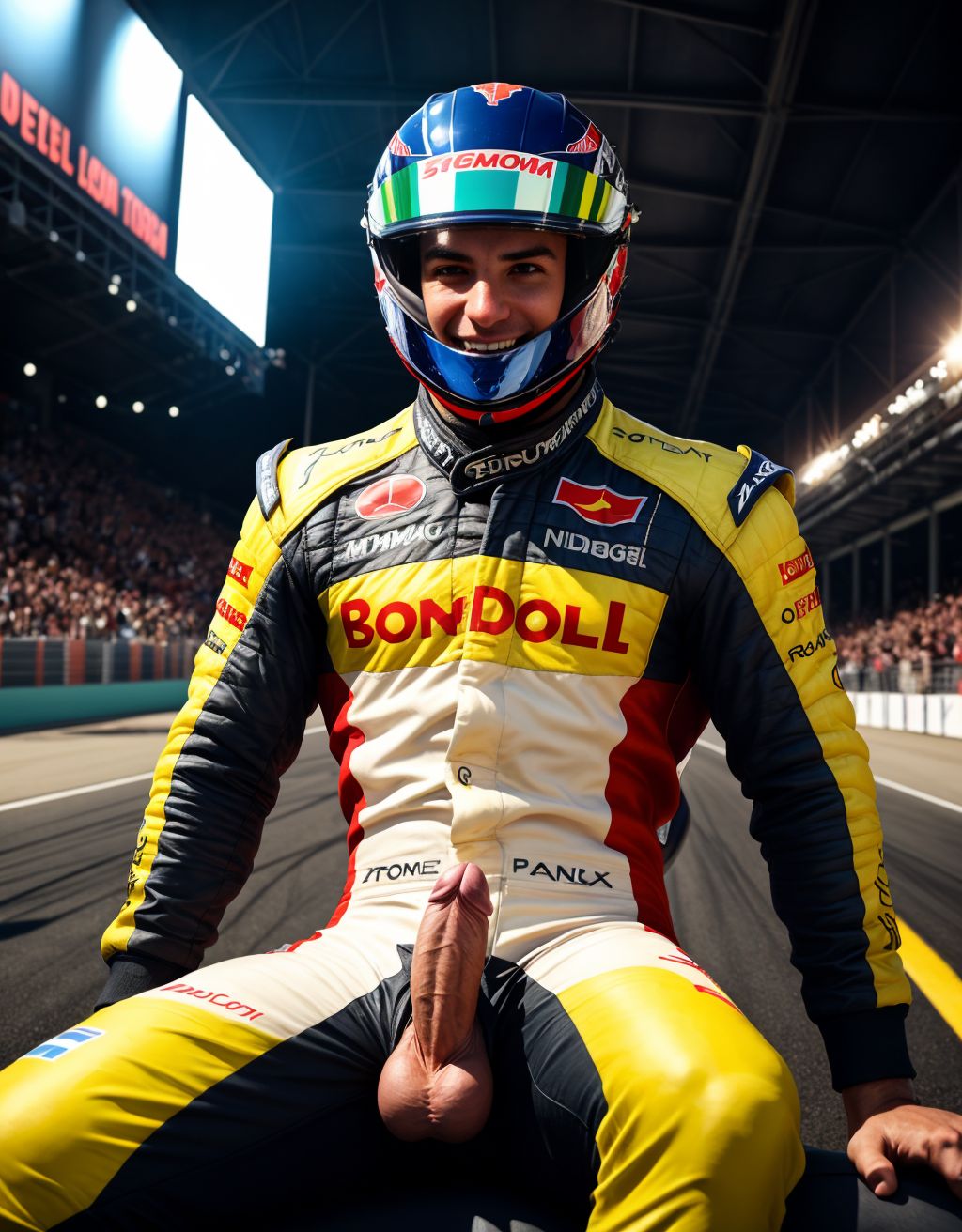 Hombre musculoso semidesnudo, pene visible, torso desnudo, con traje de Fórmula 1 parcialmente quitado, mostrando pecho y abdomen definidos, sentado en un coche de Fórmula 1, casco en mano, sonriendo confiadamente, fondo de boxes con mecánicos, iluminación vibrante, texturas hiperrealistas, foco en la figura masculina y el coche.