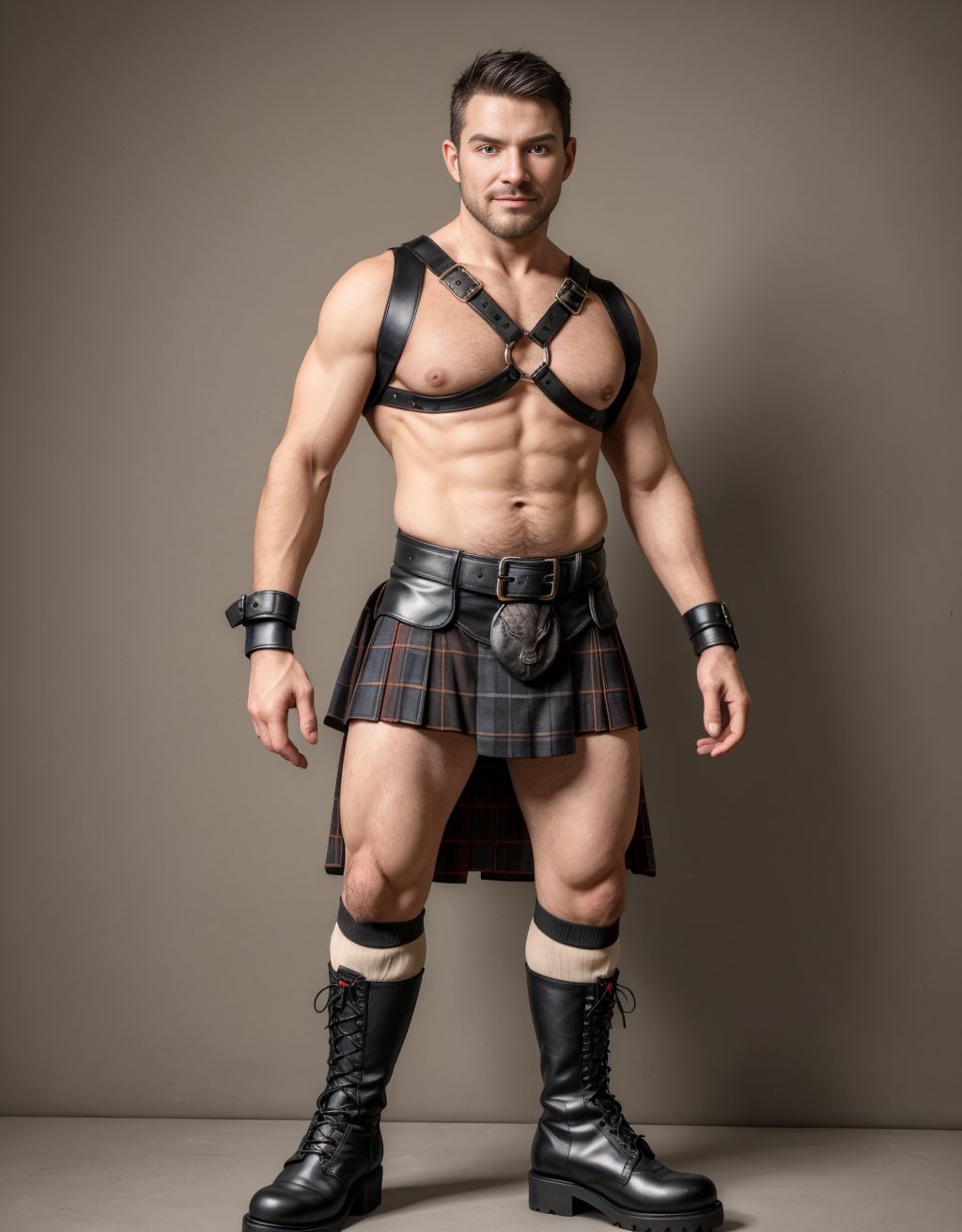 Hombre con arnés y un kilt muy sexy, lleva botas y calcetines 