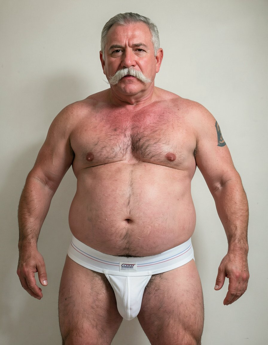 Un hombre de sesenta años, con una constitución fuerte y robusta, pesando 140 kilos, presenta una barriga impresionante y prominente, con un contorno redondeado que se extiende por debajo de su cintura. Su rostro está adornado con un bigote estilo Dalí, grueso y bien definido, de color blanco, que le confiere un aire de distinción y elegancia. Viste slips blancos ajustados que marcan claramente la silueta de su pene, que aunque es pequeño, tiene un grosor notable y se erige con confianza. La ausencia de camiseta permite apreciar su torso peludo, con un vello abundante y blanco que cubre su pecho y abdomen, resaltando su masculinidad y edad madura. Su piel es suave y arrugada, con una textura que refleja su edad y experiencia. La imagen debería ser hiperrealista, con detalles de alta calidad, capturando la textura de su piel, el brillo de su bigote blanco y la suavidad de su vello corporal. La iluminación debería ser suave, con sombras que realcen la forma de su cuerpo y resalten su presencia imponente, destacando su peso y su volumen. El fondo debería ser neutro, para que el hombre sea el centro de atención, y su presencia llene todo el espacio. El estilo de la imagen debería ser fotográfico, con un enfoque en la realidad y la autenticidad, sin elementos distractores o artificiales. La imagen debería transmitir una sensación de confianza y seguridad, como si el hombre estuviera disfrutando de su propia compañía y de su cuerpo maduro y fuerte.