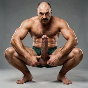 Mike Morris, 32 años, con un físico old-school extremadamente seco y musculado al 8% de grasa corporal, está completamente agachado en un squat profundo y muy abierto. Sus pies talla 44 están firmes en el suelo, separados más allá de la anchura de los hombros, rodillas flexionadas al máximo y glúteos bajos casi tocando los talones. El torso se mantiene recto y poderoso, pectorales cuadrados y masivos proyectados hacia delante, abdominales de ocho bloques marcados y cintura estrecha.

Lleva únicamente un bañador verde oscuro de piscina, ajustado y de tela fina, que se le clava en la piel. La prenda está tan ceñida que se aprecia perfectamente el volumen y la forma de su polla gruesa y pesada: el bulto es enorme, claramente marcado, con la cabeza del glande y el prepucio largo delineados contra la tela. Los huevos también se notan abultados y redondeados bajo el tejido, presionados hacia arriba por la postura extrema del squat.

El brazo izquierdo está extendido hacia delante para mantener el equilibrio, con el bíceps y antebrazo venoso en tensión máxima. La mano derecha baja entre sus muslos abiertos, los dedos gruesos y venosos presionando por encima del bañador justo en la base del bulto, rodeando la parte baja de la polla cerca de los huevos y tirándola ligeramente hacia arriba. Esta presión hace que los testículos queden más arriba, más recogidos y pegados al cuerpo, perfectamente visibles y marcados bajo la tela verde oscuro.

El vello corporal castaño oscuro es tan abundante que asoma por los laterales del bañador, por la cintura y por las perneras, creando un contraste brutal con la piel bronceada dorado-marrón. Desde este ángulo bajo se aprecia claramente el contorno del ano presionado contra la tela fina del bañador.

Su cabeza muestra calvicie Norwood III-IV con pelo muy corto en laterales y nuca, frente amplia, mandíbula cuadrada con hoyuelo, bigote grueso tipo handlebar perfectamente recortado y mirada marrón oscura intensa y dominante dirigida al frente.

La iluminación es puro estilo Colt Studio de finales de los 70: contraste brutal, luz principal alta y ligeramente lateral que genera sombras profundas bajo los glúteos, entre las piernas y bajo los abdominales, con rim lighting fuerte que resalta cada vena, cada estriación muscular, la textura del bañador mojado de sudor y el relieve obsceno de su polla y huevos. Grano analógico sutil, texturas hiperrealistas y presencia masculina cruda, dominante y sexual.

¿Quieres que el bañador esté más mojado, que se le transparenten más los detalles o que hagamos algún otro ajuste en la mano o en la postura?