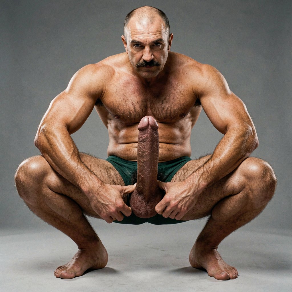 Mike Morris, 32 años, con un físico old-school extremadamente seco y musculado al 8% de grasa corporal, está completamente agachado en un squat profundo y muy abierto. Sus pies talla 44 están firmes en el suelo, separados más allá de la anchura de los hombros, rodillas flexionadas al máximo y glúteos bajos casi tocando los talones. El torso se mantiene recto y poderoso, pectorales cuadrados y masivos proyectados hacia delante, abdominales de ocho bloques marcados y cintura estrecha.

Lleva únicamente un bañador verde oscuro de piscina, ajustado y de tela fina, que se le clava en la piel. La prenda está tan ceñida que se aprecia perfectamente el volumen y la forma de su polla gruesa y pesada: el bulto es enorme, claramente marcado, con la cabeza del glande y el prepucio largo delineados contra la tela. Los huevos también se notan abultados y redondeados bajo el tejido, presionados hacia arriba por la postura extrema del squat.

El brazo izquierdo está extendido hacia delante para mantener el equilibrio, con el bíceps y antebrazo venoso en tensión máxima. La mano derecha baja entre sus muslos abiertos, los dedos gruesos y venosos presionando por encima del bañador justo en la base del bulto, rodeando la parte baja de la polla cerca de los huevos y tirándola ligeramente hacia arriba. Esta presión hace que los testículos queden más arriba, más recogidos y pegados al cuerpo, perfectamente visibles y marcados bajo la tela verde oscuro.

El vello corporal castaño oscuro es tan abundante que asoma por los laterales del bañador, por la cintura y por las perneras, creando un contraste brutal con la piel bronceada dorado-marrón. Desde este ángulo bajo se aprecia claramente el contorno del ano presionado contra la tela fina del bañador.

Su cabeza muestra calvicie Norwood III-IV con pelo muy corto en laterales y nuca, frente amplia, mandíbula cuadrada con hoyuelo, bigote grueso tipo handlebar perfectamente recortado y mirada marrón oscura intensa y dominante dirigida al frente.

La iluminación es puro estilo Colt Studio de finales de los 70: contraste brutal, luz principal alta y ligeramente lateral que genera sombras profundas bajo los glúteos, entre las piernas y bajo los abdominales, con rim lighting fuerte que resalta cada vena, cada estriación muscular, la textura del bañador mojado de sudor y el relieve obsceno de su polla y huevos. Grano analógico sutil, texturas hiperrealistas y presencia masculina cruda, dominante y sexual.

¿Quieres que el bañador esté más mojado, que se le transparenten más los detalles o que hagamos algún otro ajuste en la mano o en la postura?