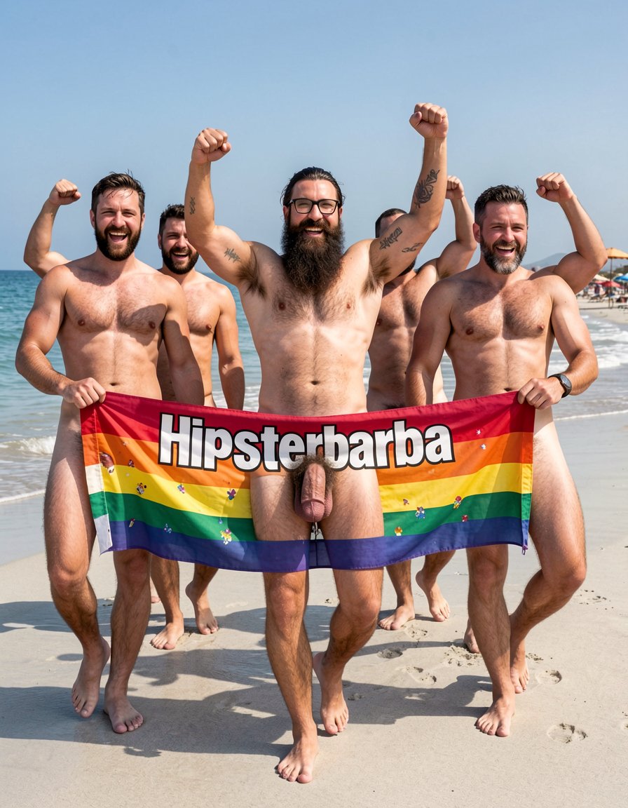 Photorealistic cinematic scene of a gay pride demonstration marching along the shoreline of El Playazo nudist beach, Vera Playa, Almería. Bright midday Mediterranean sun, gentle waves lapping at the wet sand, chiringuito El Pirata visible in the distance. Hipsterbarba, 40 year old Spanish muscle bear, 180cm 80kg 8% body fat, completely dry shredded six-pack with deep cuts and visible linea alba, dense dark chest hair, treasure trail to thick black pubes, zero belly, rounded developed pecs with small dark hard nipples, broad shoulders, highly vascular muscular arms with small black tattoo 