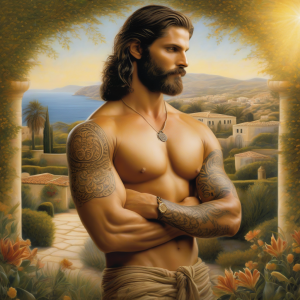 A detailed artistic rendering of Elias, the archetype of the Lover, set in a serene Mediterranean hillside garden. Photorealistic style captures his strong, athletic physique with well-defined muscles that exude strength and confidence. His skin tone is a rich, warm Mediterranean hue, illuminated by golden sunlight. Intricate tattoos adorned with black sigils, ancient runes, and celestial motifs cover his chest, arms, and thighs, enhancing his natural contours with a mystical glow.  His posture is relaxed yet confident, with a gaze that is intense yet inviting, and an expression that mixes warmth with a playful charm. Elias's form is celebrated for its elegance, power, and emotional depth. The focus is also on his visible mpressively sized anatomy, artfully integrated into the scene, showcasing its natural color gradient and detailed features that emphasize his prowess and sensuality. The background features a lush garden with olive trees and vibrant greenery, highlighting his deep connection to nature and the earth's beauty.