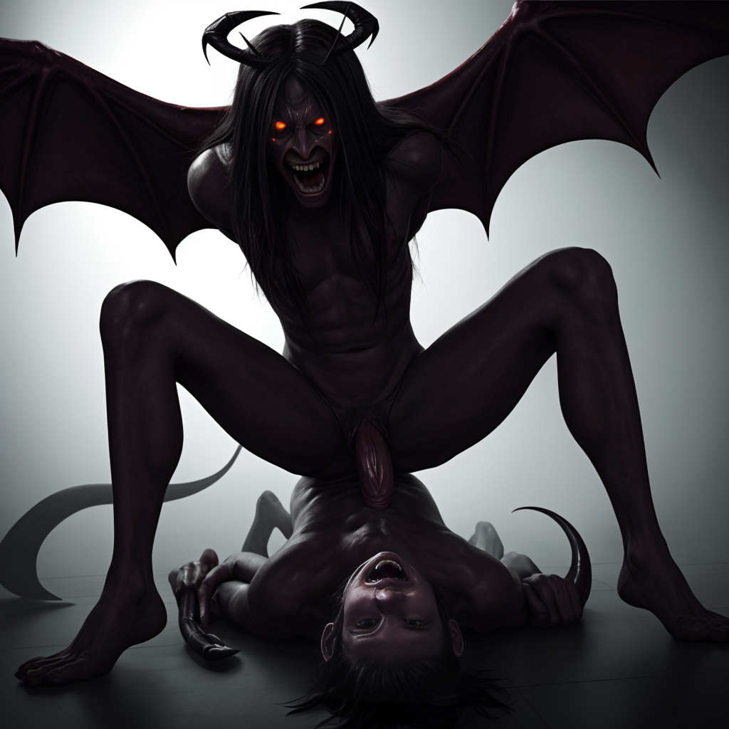 Una figura demoníaca de piel oscura, cuerpo desnudo y anatomía musculosa se inclina de forma amenazante sobre un hombre desnudo tumbado boca arriba en el suelo, sujetándolo entre sus piernas abiertas. La criatura tiene largos cuernos negros, alas membranosas extendidas como las de un murciélago, melena negra, ojos rojos brillantes, colmillos visibles y una expresión furiosa con la boca abierta. El hombre aparece inmovilizado bajo ella, con el rostro tenso y la mirada perdida, mientras su pene queda visible en el centro de la composición. La escena tiene una iluminación sombría y fantástica, con fondo gris, sombras intensas, cola curva y una atmósfera de terror oscuro, dominación sobrenatural y pesadilla demoníaca.