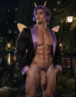 Hombre musculoso disfrazado de hada o sátiro en un jardín nocturno, posando junto a un estanque iluminado con farolas y pequeños puntos de luz entre la vegetación. Lleva una chaqueta negra abierta con solapas y puños morados satinados, alas translúcidas en la espalda, cuernos dorados, peluca o cabello morado y orejeras redondas a juego, creando una estética fantástica y teatral. El torso desnudo destaca por abdominales muy marcados, pecho definido y postura segura con las manos en los bolsillos. La parte inferior está completamente desnuda, con vello púbico teñido de morado y el pene visible, enmarcado por muslos fuertes y un ambiente de fantasía erótica al aire libre.