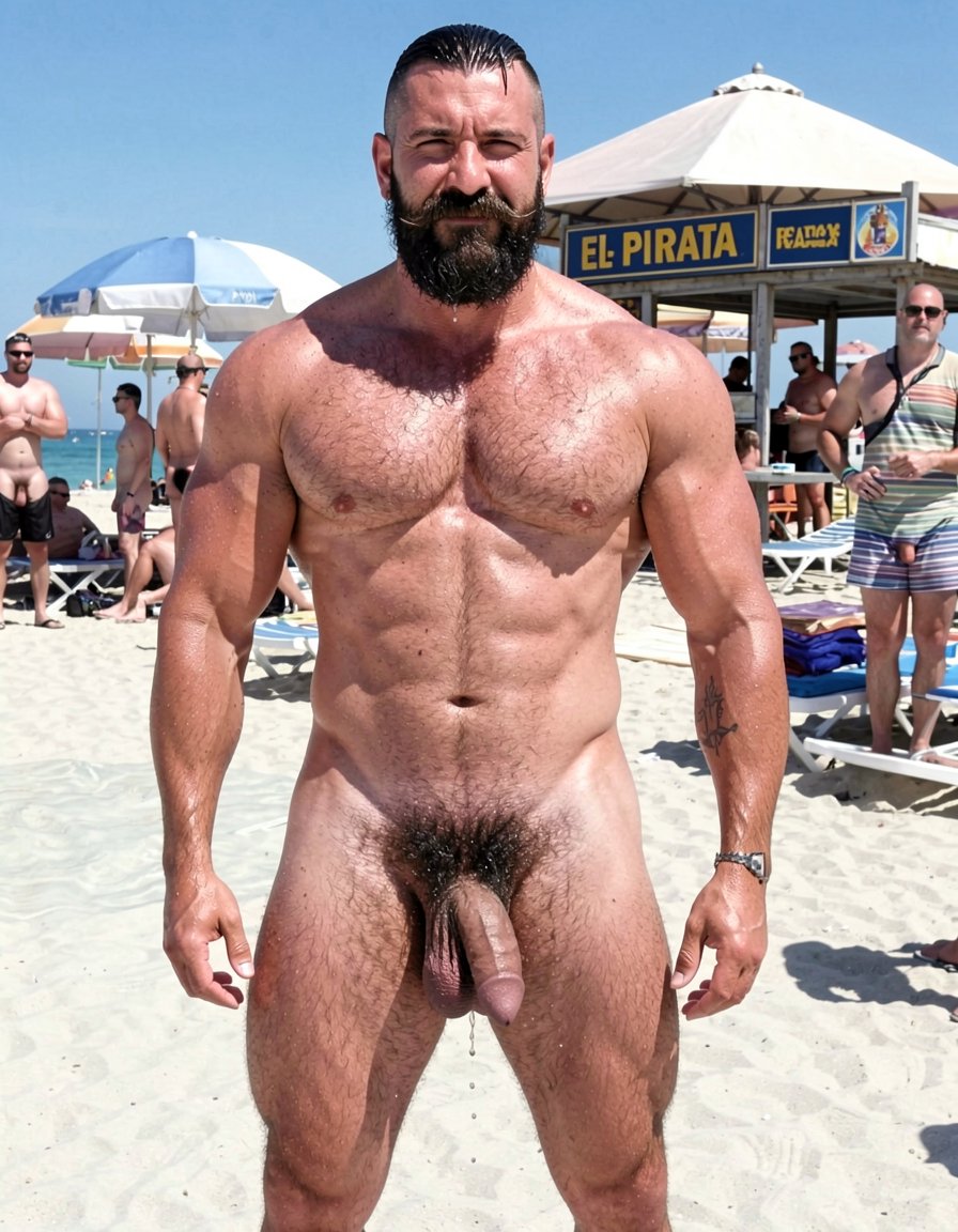 Erik es un muscle bear español de 38 años, mide 1,85 m y pesa 92 kg con solo un 7% de grasa corporal. Es el más alto y corpulento de los tres. Tiene una complexión de powerlifter mezclado con culturista: hombros extremadamente anchos, pectorales enormes y gruesos que sobresalen como placas, brazos descomunales con venas marcadas incluso en reposo, una espalda en V brutal y unas piernas como columnas, con cuádriceps y aductores que se tensan con cada paso. Su abdomen es un six-pack seco y potente, con oblicuos muy marcados y una línea alba profunda.

Su piel es morena clara, muy bronceada por el sol de la playa. El vello corporal es negro, denso y grueso: el pecho está completamente cubierto de pelo oscuro que se junta en el centro y baja en un trail espeso por el abdomen hasta un pubis salvaje y muy poblado. También tiene mucho vello en hombros, espalda, culo y muslos. Los huevos y la base de la polla están rodeados de pelo negro rizado.

Lleva una barba negra espesa y bien arreglada, más corta que la tuya pero más llena que la de Ferran (llega hasta la mitad del pecho), con un bigote grueso y recto. El pelo de la cabeza lo lleva rapado en los laterales con un fade alto y la parte de arriba peinada hacia atrás con algo de gomina. Tiene una cara muy masculina, mandíbula cuadrada, cejas espesas y ojos verdes que contrastan con su piel morena. Siempre tiene esa expresión de chulo relajado y dominante.

Su polla es gruesa y pesada, unos 19 cm en reposo, con un prepucio que cubre casi todo el glande y unos huevos grandes, peludos y colgantes que se balancean cuando camina. Tiene un pequeño tatuaje en la parte interna del antebrazo izquierdo que pone “Erik”.

En la foto que acabo de generar está completamente desnudo, recién salido del agua en El Playazo, justo delante del chiringuito El Pirata al mediodía. El sol le pega fuerte, el agua le corre por el pecho velludo, por la barba mojada y espesa, y por los abdominales marcados. Su polla gruesa cuelga pesada entre los muslos peludos, con gotas de agua cayendo del prepucio. Está de pie, con las piernas ligeramente abiertas, los pectorales hinchados y esa mirada arrogante y satisfecha mientras el mar turquesa queda detrás y algunos nudistas lo observan desde la terraza de El Pirata.
