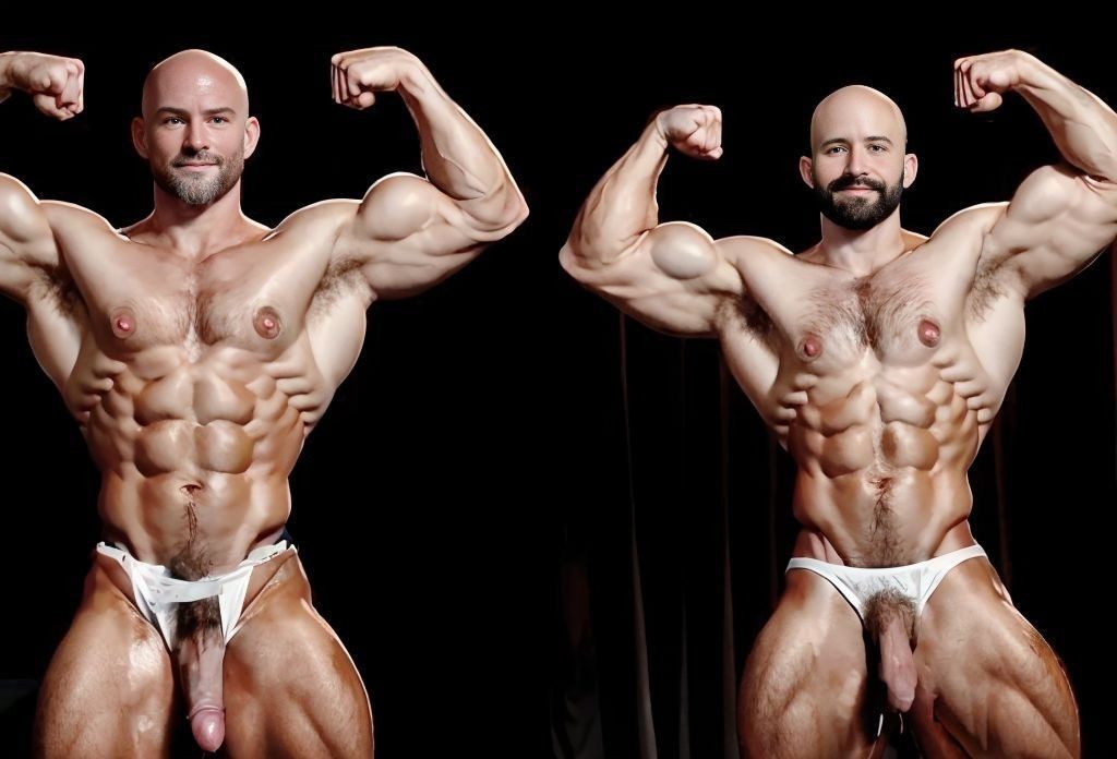 Sobre fondo oscuro sin detalles, dos culturistas de 35 años, calvos con barba corta, uno moreno y otro castaño, adoptan una pose mostrando biceps tensos, han roto sus calzoncillos para el público y exhiben los penes colgando. 