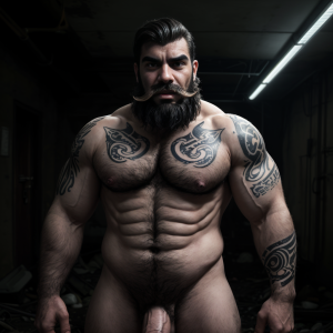 Hombre ario peludo, bigote y barba desordenados, cejas espesas, mirada autoritaria, torso desnudo musculoso con tatuajes, verga enorme, muerta y chorreando semen, en un entorno oscuro y sombrío.