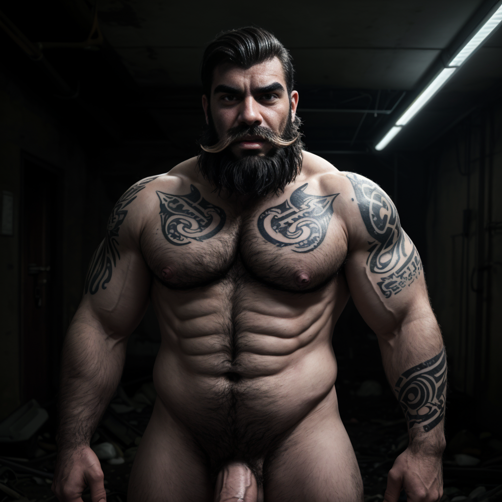 Hombre ario peludo, bigote y barba desordenados, cejas espesas, mirada autoritaria, torso desnudo musculoso con tatuajes, verga enorme, muerta y chorreando semen, en un entorno oscuro y sombrío.
