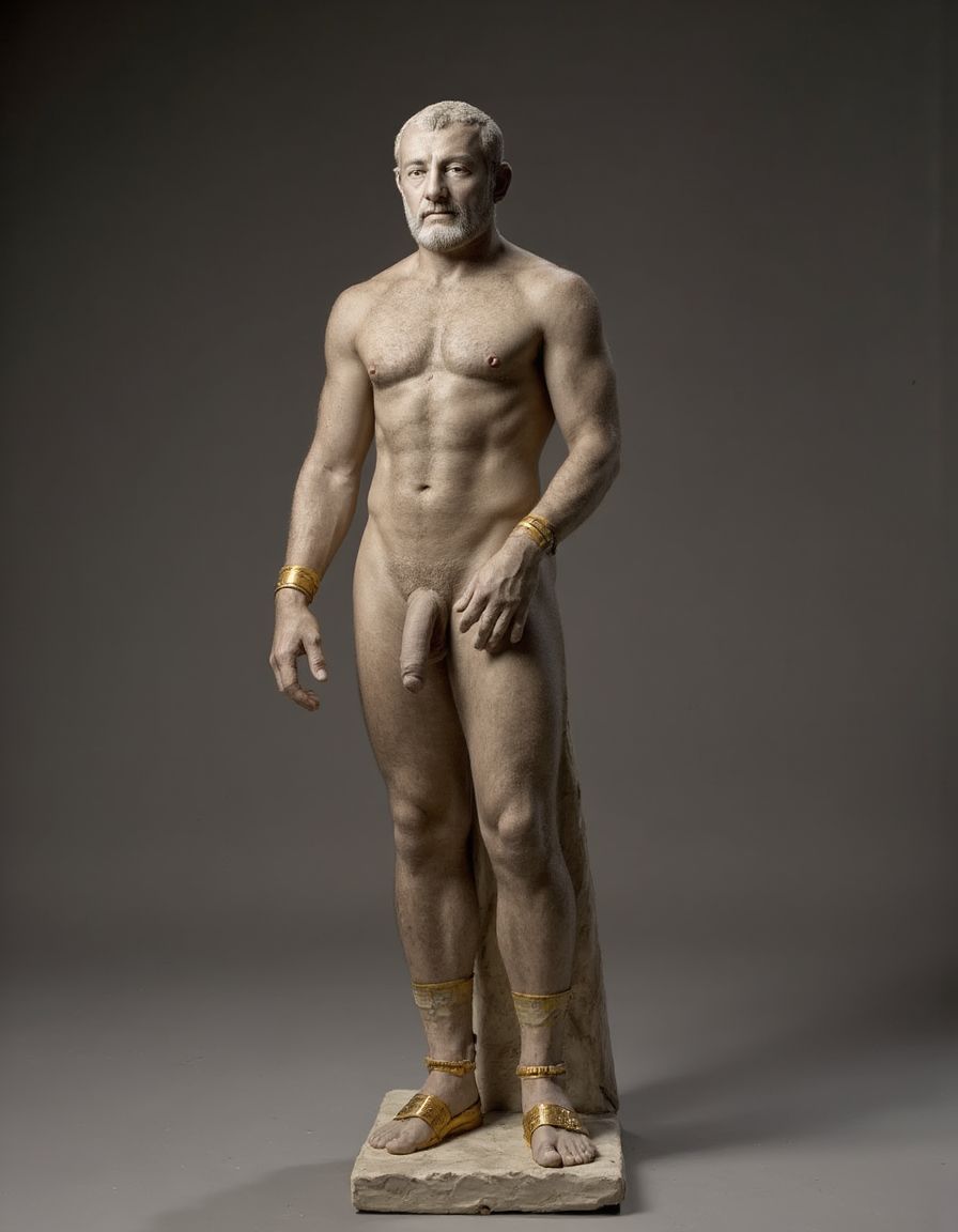 Akhenatón (originalmente llamado Amenhotep IV) fue un faraón egipcio que gobernó durante la Dinastía XVIII (Imperio Nuevo), aproximadamente entre 1353 a.C. y 1336 a.C. Es un hombre faraón de los más fascinantes y revolucionarios de la historia egipcia debido a su radical reforma religiosa. Está totalmente desnudo y en sus pies lleva sandalias de lujo de oro. Tiene un pene erecto de 20 cm de longitud y 8 cm de diámetro. Es admirado por su bello y grandioso pene en constante estado de erección de 20 cm de longitud y 9 cm de diámetro