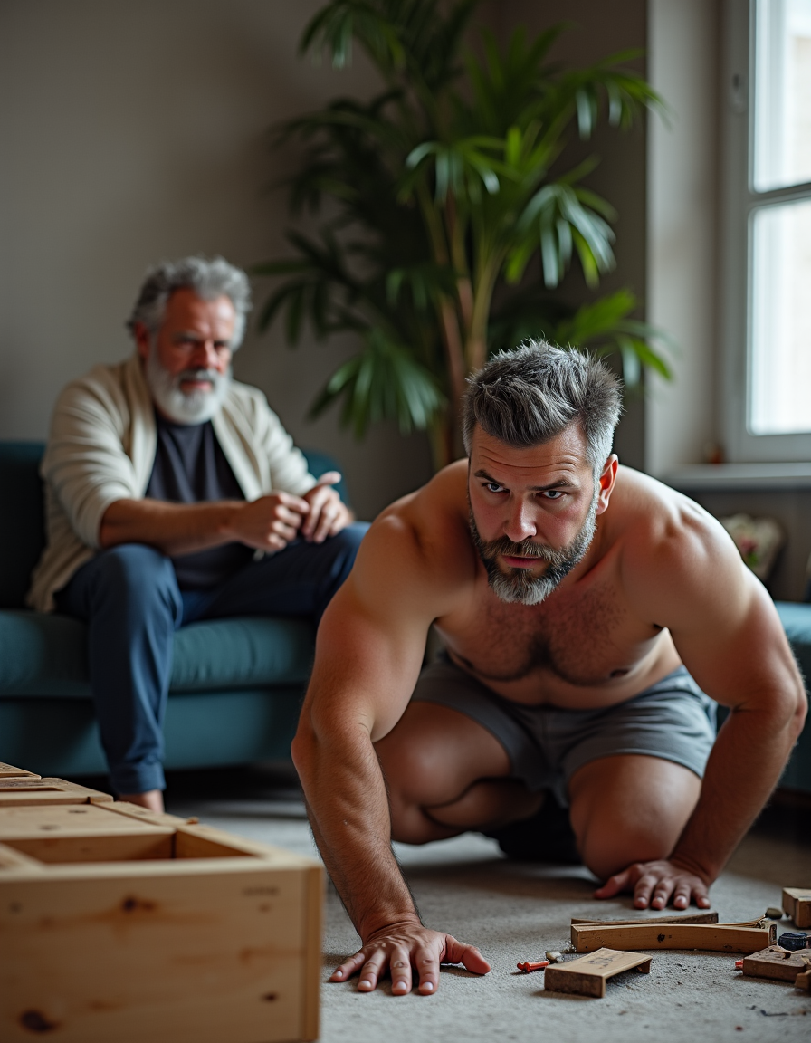 Un hombre de mediana edad, sin camiseta y con pantalón corto gris, aparece arrodillado en el suelo de una sala luminosa mientras monta o repara un mueble de madera, apoyando una mano en la alfombra y mirando hacia delante con expresión concentrada y seria. A su alrededor hay piezas de madera, tornillos y pequeñas herramientas de bricolaje, con una estructura tipo cajón o banco en primer plano. Al fondo, un hombre mayor con barba blanca y pelo canoso permanece sentado en un sofá azul, vestido con chaqueta clara, camiseta oscura y vaqueros, observando la escena con gesto pensativo. La habitación tiene una gran ventana lateral, luz natural suave y una planta alta que aporta un ambiente doméstico tranquilo.