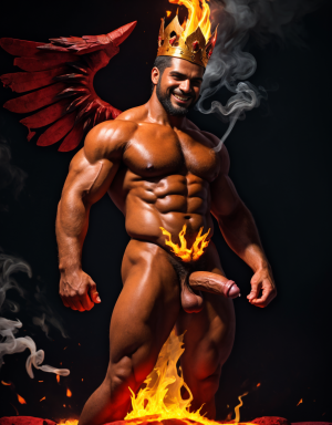 Cneo Pompeyo Magno desnudo con pene grande y testículos grandes peludos. Dobla el brazo derecho para enseñar los bíceps del brazo derecho con gran orgullo. Tiene mucho vello por todo el cuerpo. Está bronceado. Tiene corona de oro. Tiene alas de diablo negras y rojas oscuro. Los brazos están hacia arriba implorando rayos y fuego. Tiene un chorro de fuego en el pene que sale a chorros rojos hacia arriba de su pene erecto tieso hacia arriba. Sus ojos son grandes y rojos. Está enseñando sus grandes testículos. Tiene testículos grandes y oscuros. Está alumbrado con mucha luz roja por todo el cuerpo. Es muy atractivo. Está rodeado de llamas y humo. Tienen cara de maldad y con barba. Se ven los pies. ¿Donde están sus pies? quiero ver los pies. Está delgado.