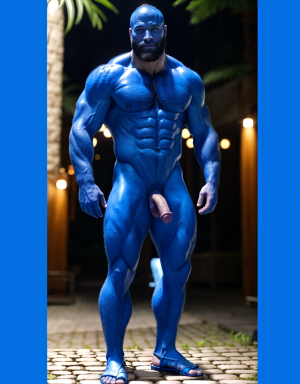 Hombre azul desnudo musculoso, tiene pene azul, tiene testículos azules. Tiene sandalias azules. Tiene mucho vello azul.