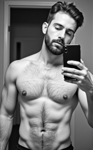(((Blanco y negro))). Fotografía clásica de un chico de 32 años haciéndose un selfie ante un espejo, tiene los rasgos muy perfilados, mirada inocente, ojos grandes, barba y un poco de vello corporal, cabello largo en forma de tupé. Al fondo se muestra su habitacion.
