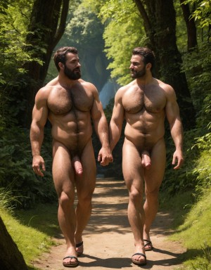 Dos Hombres desnudos con pene grande y grandes testículos peludos. Tiene Cabeza y cara de hombre de 40 años de edad. Tiene un pene grande y erecto de donde sale semen líquido blanco. Con la mano se acaricia suavemente. Tiene mucho vello por todo el cuerpo. Lleva sandalias de color rojo en los pies. Es muy mucho viril, con cara de malote. Está andando por un camino de un prado verde lleno de mariposas. Está delgado. Tiene los pies en el suelo. Está contento. Tiene mucho vello en todo el cuerpo. Es muy delgado. Tiene zapatos en los pies. Tiene mucho vello. Es muy delgado. Tiene los pies en el suelo. Tiene nariz grande.