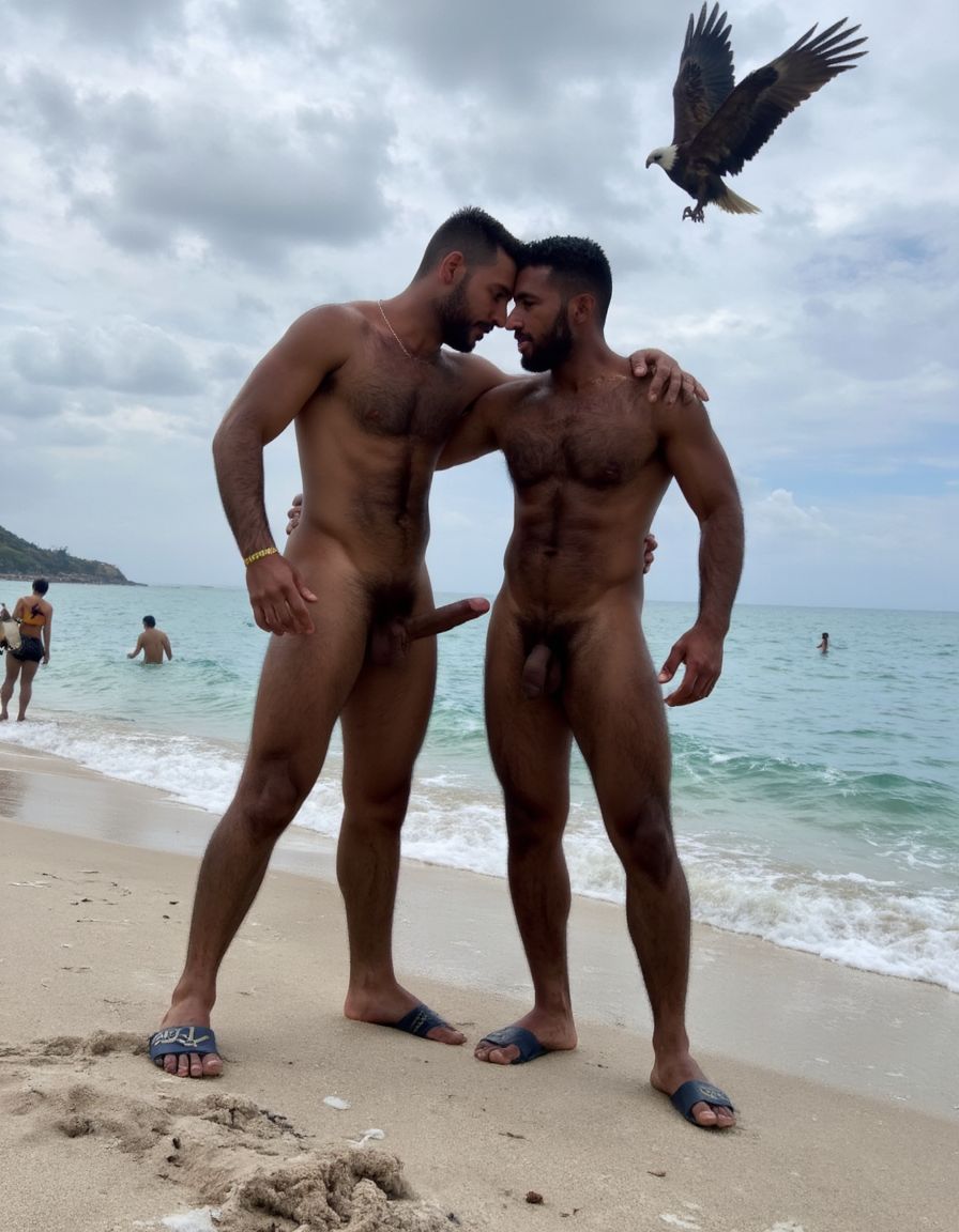 Solo hombres desnudos musculosos. Tienen un pene erecto de 50 cm de longitud y 8 cm de diámetro. Antonio tiene un pene de 50 cm de longitud y 8 cm de diámetro. Juan tiene músculos muy definidos y tiene mucho vello es muy peludo. Tienen sandalias en sus pies. Flexionan sus brazos para enseñar sus músculos bíceps mientras pasa un águila entre las nubes y se miran fijamente con pasión. Fondo de una playa con mar precioso. Fondo de hombres desnudos morenos