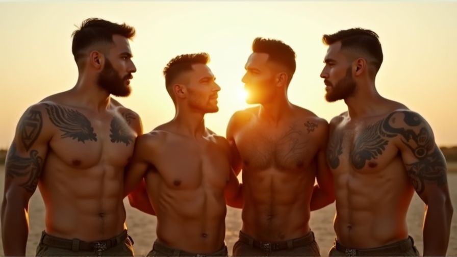 Imagen de un grupo de soldados hombres completamente desnudos bajo la luz dorada del atardecer. Sus cuerpos musculosos y bronceados forman un contraste con el fondo de un campo abierto, exhibiendo una mezcla de fuerza y camaradería. Los detalles de sus tatuajes son visibles, destacando su individualidad mientras posan con confianza y naturalidad. Su piel está ligeramente perlada por el sudor, reflejando el esfuerzo y la pasión de su entrenamiento. Un par de ellos se miran con complicidad, creando una atmósfera cargada y evocadora de conexión masculina.