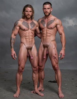 Two naked, muscular men standing on a dark beach pose before a stormy gray sky with a serious and intense attitude. Both have defined torsos, marked abs, strong legs, and visible pubic hair; their penises hang flaccid from the front. The man on the left has long wavy hair, a beard, geometric tattoos on his chest and tribal designs on his arm and leg, as well as small wounds or reddish marks on his skin. The one on the right has short slicked-back hair, a trimmed beard, symmetrical tattoos on his chest, and several superficial cuts on his thigh and hip. The scene conveys an athletic, raw, and dramatic aesthetic.