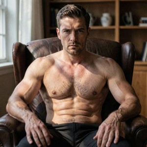 Hombre musculoso sin camiseta sentado en un sillón de cuero marrón, con postura firme y expresión seria mirando directamente al frente. Su torso definido, hombros anchos, brazos fuertes y abdomen marcado destacan bajo una luz natural que entra desde una ventana lateral, creando sombras sobre la piel y resaltando la musculatura. Lleva pantalones oscuros y apoya ambas manos sobre los reposabrazos, transmitiendo una actitud intensa y segura. El entorno parece un despacho o biblioteca doméstica, con estanterías de madera al fondo, libros y objetos decorativos, lo que aporta una atmósfera elegante, íntima y sobria.