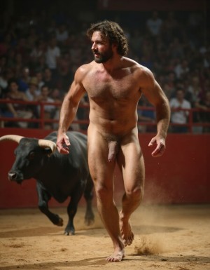 Hombre musculoso y velludo, torero español de 50 años, con un torso musculoso, tiene un pene hermoso perfecto y de tamaño XXL, tiene mucho vello púbico denso y moreno, piel bronceada y sudorosa. Tiene una barba incipiente, mientras su cabello largo castaño oscuro está despeinado y sudoroso, con gotas de sudor que resbalan por su frente y mejillas. Su torso es muy musculoso marcado definido y sus abdominales y pectorales están muy marcados y definidos, tiene un vello corporal muy denso que se extiende desde su pecho hasta sus piernas y hasta sus brazos y espalda.
Tiene un pene muy grueso con forma perfecta es el centro de atención y está rodeado de un denso vello púbico castaño oscuro. Tiene dos testículos grandes y perfectamente formados que cuelgan por debajo. Tiene piel bronceada con brillo de sudor y sus músculos están en forma y bien definidos con aspecto delgado pero sobresalen sus pectorales muy marcados sin nada de grasa.

La escena está en una plaza de toros en un ambiente sensual con sombras que resaltan la musculatura y el vello corporal del hombre.
Tiene sandalias en sus pies. Su pene está erecto y enseña un gran prepucio y un grande glande. A su lado hay un toro. Está corriendo delante del toro 