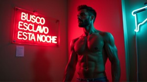 Un hombre musculoso sin camiseta de 30 años en una mazmorra, en la pared un cartel de neon donde pone 