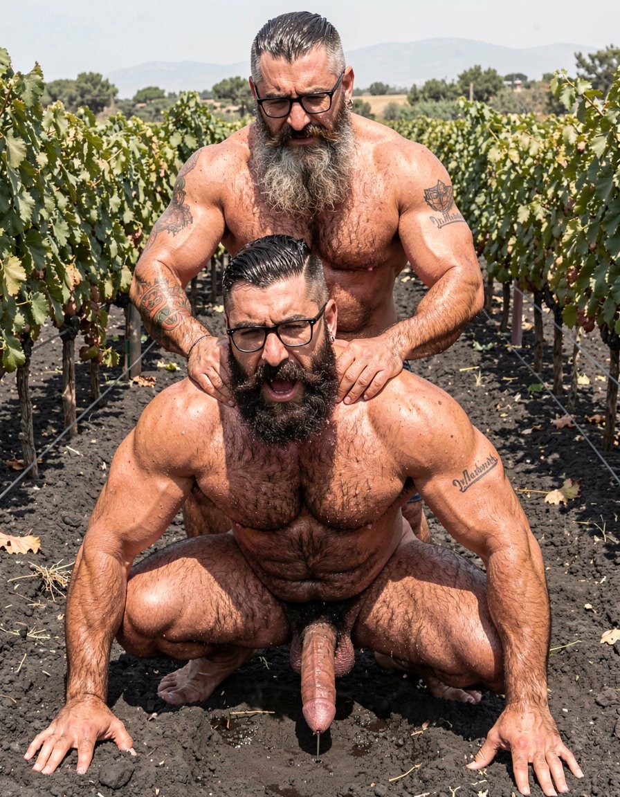 A hyper-realistic, extremely explicit full-body vertical photograph in harsh midday Mediterranean sunlight over a volcanic vineyard in Santorini, black volcanic soil between rows of green Assyrtiko vines. Hipsterbarba, 45, dominant and very hairy, stands behind Dimitris completely naked except for his black pasta-style glasses, his long salt-and-pepper hipster beard catching the sun, thick dark hair with grey temples, ultra-defined fibrous vascular physique at 8% body fat glistening with sweat. He is slowly inserting his thick veiny cock into Dimitris with precise technique: the flat side of his swollen glans pressing first against the tight hairy sphincter, the muscular ring visibly contracting and then sucking the head inward as if pulling him deeper, followed by a controlled push that stretches the sphincter fully open so the entire shaft slides into the hot rectum where body heat and melting anal lubricant create a glossy creamy sheen around the stretched hole, the rectal walls visibly gripping and massaging every vein of the penetrating cock to give both men intense pleasure. Dimitris, 32, powerful Greek vineyard worker at 5% body fat, is on all fours like a muscular beast on the black earth, back sharply arched, thick black beard brushing the soil, short jet-black hair with shaved sides, heavy connected black beard and mustache, predatory face with half-closed eyes and open mouth in a deep guttural moan, small silver earring, dense black body hair covering his entire massive competition physique from neck to toes: huge veiny traps, massive hairy pecs, eight-pack abdomen matted with fur, narrow V-taper waist, enormous vascular arms with the small “hipsterbarba” tattoo on the right bicep, powerful round hairy glutes spread wide, extremely hairy thick thighs and calves. His own thick veiny cock hangs rock-hard and dripping long strings of precum onto the volcanic dirt, heavy hairy balls swinging. Every inch of both extremely muscular and hairy bodies is covered in sweat that makes the dense black fur glisten under the strong direct sunlight creating sharp specular highlights on wet skin, individual hair strands, muscle striations, and the explicit stretched anal penetration. Ultra-photorealistic raw dominant breeding scene with maximum anatomical detail on the exact moment of flat-glans entry, sphincter suction, rectal heat and grip, glistening natural lubricant, sweat-soaked body hair, facial expressions of pleasure, and masculine tension, perfectly lit by bright Mediterranean sun, completely uncropped vertical composition showing both men head to toe with no cropping.
