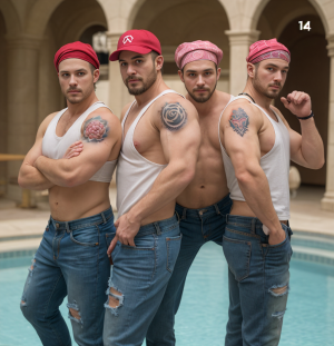 Delante de la piscina, cuatro adolescentes gays con poco vello, posan con camiseta blanca y vaqueros  y gorras extravagantes, poniendo posturas sensuales.