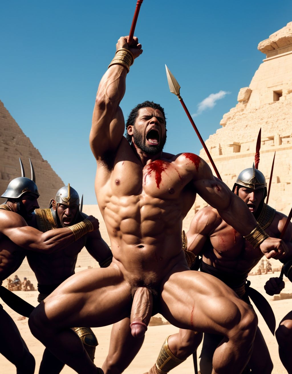 Ramsés 2 desnudo, testículos grandes, pene prominente, dispara flechas desde carro de guerra, rodeado de soldados desnudos heridos, sangre y sudor en la piel, tres guerreros musculosos lo flanquean, un esclavo abraza a uno, recibiendo sexo oral, pene en boca, gritos de guerra, pasión desinhibida, intensa batalla, cuerpos tensos, músculos definidos.