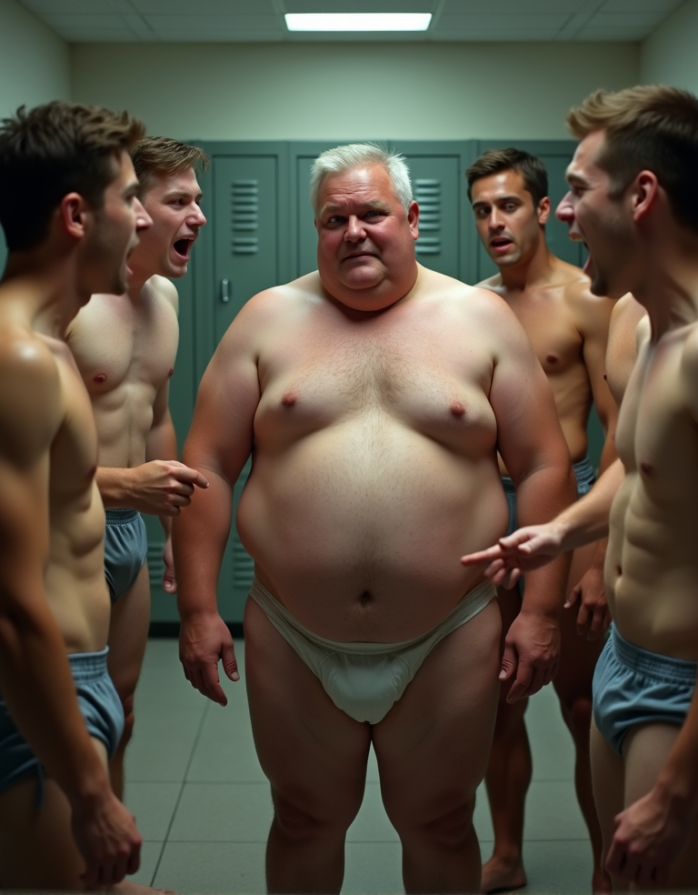 Fotorealista. Un hombre obeso de 60 años, completamente desnudo, de pie en un vestuario masculino. Cuatro hombres jóvenes de 21 años, también desnudos, lo rodean, riéndose y señalándolo con burla. Expresiones de humillación y desprecio en los rostros de los jóvenes, ambiente de vestuario realista, bancos y taquillas de fondo, iluminación fría y directa.