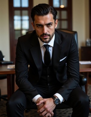 Hombre con traje negro de tres piezas sentado en una silla de oficina, inclinado hacia delante con las manos entrelazadas y una mirada intensa y seria dirigida a la cámara. Lleva camisa blanca, corbata negra, chaleco abotonado, pañuelo blanco en el bolsillo y un reloj de pulsera oscuro, reforzando una estética elegante, ejecutiva y sofisticada. Su pelo oscuro está peinado hacia atrás con volumen, acompañado de barba corta bien cuidada. El entorno parece un despacho profesional con escritorio de madera, ventanales al fondo, luz cálida y decoración sobria, creando una atmósfera de poder, confianza, formalidad y concentración empresarial.