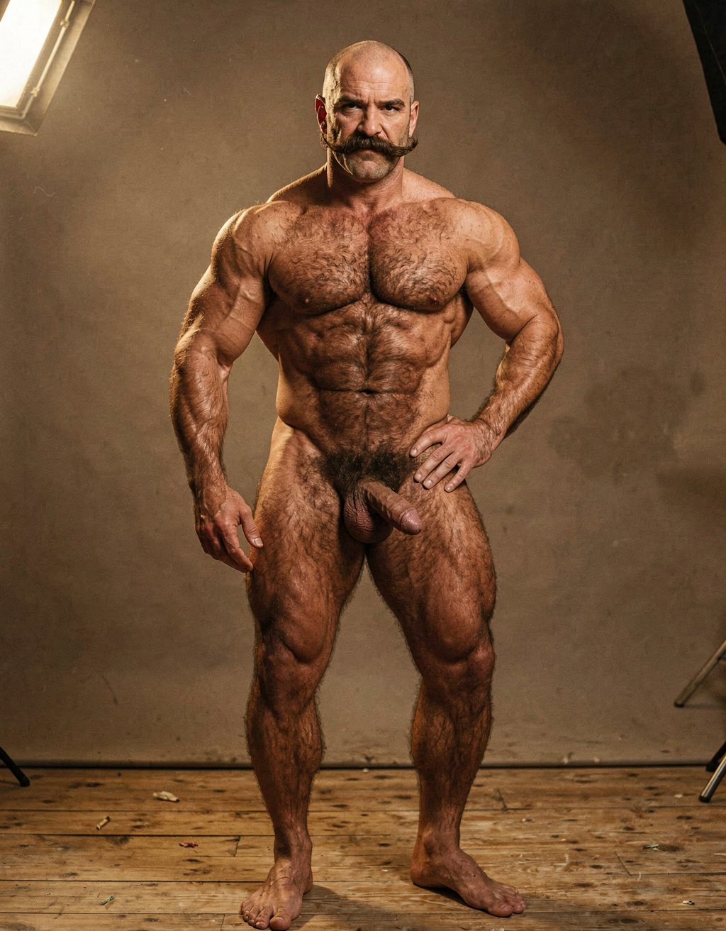 Mike Morris, a powerfully built 32-year-old man with advanced male pattern baldness and a thick dark brown handlebar mustache, stands naked in a warmly lit 1970s studio, his muscular body covered in dense dark brown hair across his broad chest and thick forearms, his erect penis fully exposed and standing long and thick, the prominent glans catching the light, heavy testicles hanging low beneath a dense patch of dark pubic hair. His bare feet are planted firmly on a worn wooden floor, the definition of his calf muscles and quadriceps sharply visible, one hand loosely at his side, the other resting on his hip, his expression intense and direct. Soft golden studio key light from above-left sculpts every detail of his defined pectorals, abdominal six-pack, and the veins running along his forearms and the dorsal side of his erect shaft, with deep shadows under his muscles, the image rendered in ultra-sharp focus with rich warm tones and subtle film grain, capturing the iconic Colt Studio aesthetic at its highest resolution.