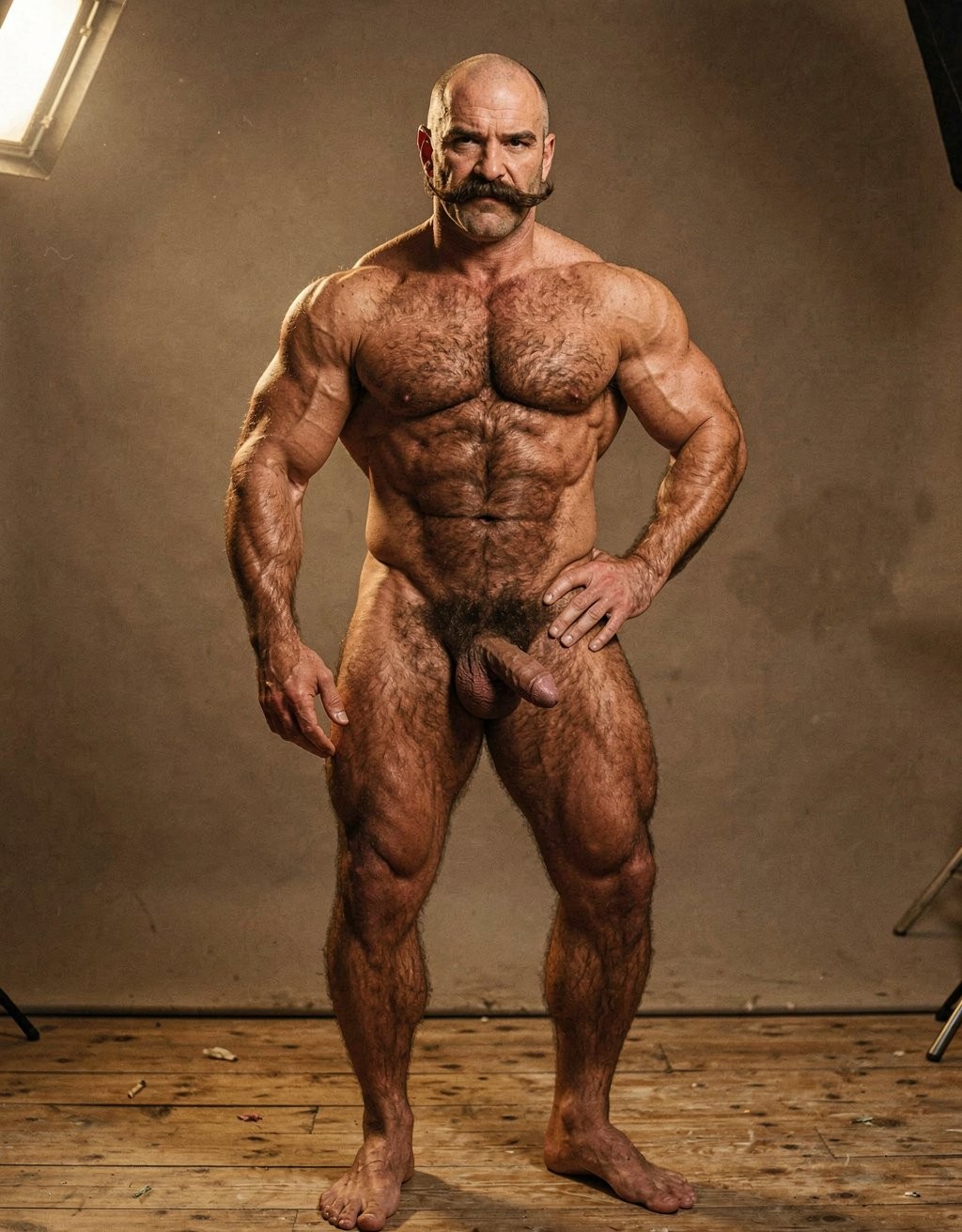 Bald man with a thick mustache posing standing in a photography studio, completely naked, with extremely defined and voluminous musculature in his chest, arms, abdomen, shoulders, and legs. His body is covered with abundant body hair, especially on the torso, pubis, and thighs, and the penis is visible in a frontal pose. He maintains a serious and intense expression, with one hand resting on his hip and the other relaxed beside his body, on a worn wooden floor. Warm side lighting highlights the shadows, vascularity, and bodybuilding appearance against a neutral professional session background.