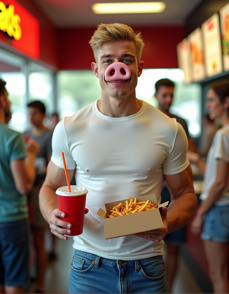 Un joven rubio de 20 años con un físico musculoso y facciones humanas, excepto por su nariz que es decerdo pero con un color de piel humana, se encuentra de pie en un McDonald's, vestido con una camiseta blanca ajustada que resalta su torso musculoso y pantalones cortos de jeans azules. Su cabello rubio es corto y peinado hacia atrás, y sus ojos azules brillan con una mirada juvenil y enérgica. La nariz de cerdo, aunque es un rasgo inusual, se integra de manera extraña con el resto de sus facciones humanas, dándole un aspecto único y llamativo. El joven sostiene una caja de comida rápida en una mano y un refresco gigante en la otra, sonriendo mientras espera en la fila para pagar. A su alrededor, los clientes del McDonald's no pueden evitar mirar su nariz de cerdo, algunos con sorpresa, otros con curiosidad, pero el joven parece estar completamente cómodo con su apariencia, disfrutando de su comida en el ambiente bullicioso del restaurante de comida rápida. La escena es hiperrealista, con detalles de alta calidad que capturan la textura de su ropa, el brillo de sus ojos y la peculiaridad de su nariz de cerdo, todo bajo la iluminación cálida y acogedora del McDonald's.