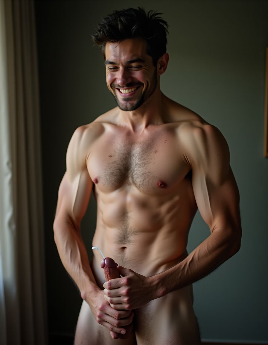 hoyuelo en barbilla, mentón hendido, el mentón está limpio y bien afeitado, NO BARBA y NO BIGOTE, de una cara masculina de un hombre muy viril y musculoso y guapo y sexi de 40 años que tiene mandíbula fuerte y cuadrada, destacando una fisura vertical marcada en el centro del mentón que es el hoyuelo. La cara es de un hombre español musculoso culturista, torso desnudo, constitución corporal extremadamente desarrollada escultural, boca cerrada en sonrisa torcida arrogante burlona, labios carnosos, ojos verdes claro profundos con mirada penetrante directa a cámara cargada de cinismo y dominancia, cejas pobladas densas, cabello denso despeinado hacia atrás en copete desordenado con mechones rebeldes cayendo sobre frente y sienes mostrando textura natural sin producto, cuello musculoso con nuez prominente visible, trapecios enormes elevados como montañas a ambos lados del cuello, pecho descomunal con pectorales gigantescos separados con hendidura profunda central cada fibra muscular visible bajo piel bronceada cubiertos completamente por alfombra densa de vello negro formando manto tupido salvaje sobre toda la superficie con pezones oscuros erectos asomando entre pelaje espeso, abdomen perfectamente esculpido en tableta de ocho secciones profundas con sombras dramáticas entre cada músculo, oblicuos cortados laterales, línea de vello negro denso descendiendo desde centro del pecho entre pectorales por esternón sobre cada abdominal hasta ombligo donde se ensancha formando trail oscuro salvaje continuando descendiendo, brazos con bíceps de gran tamaño con cabezas musculares divididas y venas gruesas azules serpenteando por toda superficie, tríceps marcados en herradura, deltoides esféricos estriados, antebrazos masivos cubiertos de vello negro denso con venas prominentes bajando hasta muñecas, dorsales anchos como alas creando V invertida brutal, piel clara ligeramente bronceada con poros visibles micro imperfecciones naturales lunares y marcas sutiles, vello corporal negro abundante cubriendo completamente pecho abdomen brazos antebrazos cuello en densidad natural masculina sin recortar, iluminación natural lateral dramática creando sombras duras acentuando cada músculo, fondo neutro desenfocado, estilo fotografía editorial cruda realista, grano fotográfico sutil, colores naturales intensos saturados. Está totalmente desnudo. Tiene un  pene erecto enorme de 35 centímetros de largo y muy grueso apuntando hacia arriba entre su cuerpo, venas gruesas pulsantes marcadas recorriendo todo el tronco de su pene, glande hinchado enorme brillante de color rojo púrpura, testículos extremadamente grandes gordos y pesados colgando muy abajo descolgados entre las piernas con piel arrugada tensa bajo el peso, el pene eyaculando activamente múltiples chorros gruesos abundantes de semen blanco espeso disparándose de la punta con fuerza, semen resbalando copiosamente por el glande y tronco formando hilos blancos espesos, gotas gruesas de semen cayendo entre su cuerpo. Tiene anillo de plata en el dedo hallux (primer dedo del pie) de sus pies. Crea imagen del personaje descrito de cuerpo entero desde los dedos de sus pies hasta su cabeza, todo el cuerpo desnudo a la vista de la cámara. Tiene sandalias en sus pies. Fotografía hiperrealista de ultra alta definición 8K plano lateral del cuerpo completo.