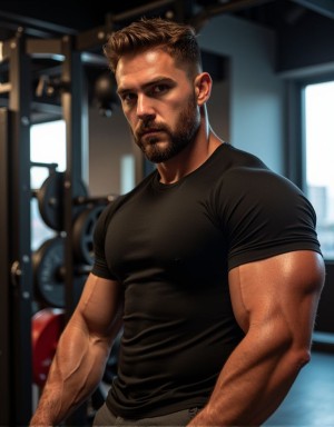 Hombre musculoso de 35 años, entrenador personal español, pelo castaño corto, barba recortada, cuerpo atlético y definido, brazos grandes, pectorales marcados, abdominales visibles, en un gimnasio urbano, iluminación artificial, vestido con camiseta ajustada y pantalones deportivos, expresión seria y arrogante, músculos tensos, fotografía realista, alta calidad, ambiente de gimnasio moderno con equipamiento deportivo de fondo.