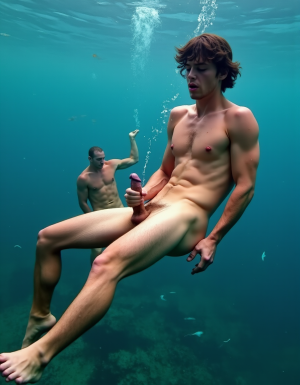 Hombre de 40 años muy macho totalmente desnudo bajo el agua del mar rodeado de peces, tiene su pene erecto de 35cm de longitud y 8 cm de diámetro en tensión , es un hombre muy sexi, mueve sus pies para nadar, está nadando estilo braza bajo el agua del mar, tiene pelo largo ondulado despeinado flotando movido por el agua, tiene mucho vello negro por sus pectorales y en antebrazos y en piernas, tiene músculos marcados y muy definidos. Está nadando en en posición horizontal. Otro hombre está muy cerca de él tiene 50 años y está totalmente desnudo bajo el agua del mar rodeado de peces, tiene pene erecto de 37,5cm de longitud y 8,5cm de diámetro en tensión, es un hombre muy sexi, mueve sus pies para nadar, está nadando y tiene pelo rubio largo ondulado despeinado flotando movido por el agua, tiene mucho vello rubio por sus pectorales y en antebrazos y en piernas, tiene músculos marcados y muy definidos. Está nadando. Iluminación de estudio con sombras suaves que resaltan cada relieve y textura, fotografía hiperrealista, ultra alta definición 8K, texturas extremadamente detalladas, Iluminación de estudio con sombras suaves que resaltan cada relieve y textura, fotografía hiperrealista, ultra alta definición 8K, texturas extremadamente detalladas, colores naturales de piel humana, acabado cinematográfico. La fotografía realista, con genitales anatómicamente correctos y proporciones naturales, sin distorsión, busca capturar la esencia cruda y visceral del momento, sin adornos ni censuras. El enfoque en el punto del pene visible busca la virilidad del género masculino más macho.