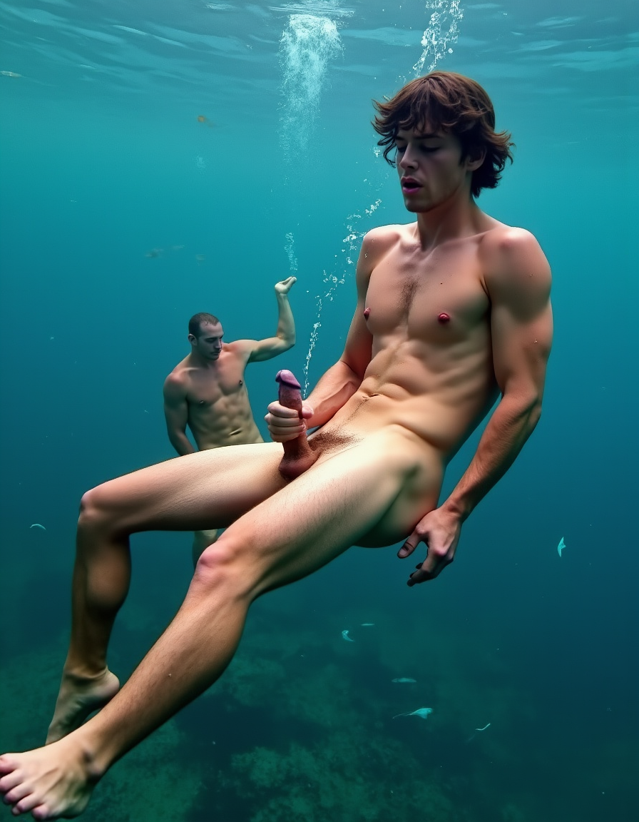 Hombre de 40 años muy macho totalmente desnudo bajo el agua del mar rodeado de peces, tiene su pene erecto de 35cm de longitud y 8 cm de diámetro en tensión , es un hombre muy sexi, mueve sus pies para nadar, está nadando estilo braza bajo el agua del mar, tiene pelo largo ondulado despeinado flotando movido por el agua, tiene mucho vello negro por sus pectorales y en antebrazos y en piernas, tiene músculos marcados y muy definidos. Está nadando en en posición horizontal. Otro hombre está muy cerca de él tiene 50 años y está totalmente desnudo bajo el agua del mar rodeado de peces, tiene pene erecto de 37,5cm de longitud y 8,5cm de diámetro en tensión, es un hombre muy sexi, mueve sus pies para nadar, está nadando y tiene pelo rubio largo ondulado despeinado flotando movido por el agua, tiene mucho vello rubio por sus pectorales y en antebrazos y en piernas, tiene músculos marcados y muy definidos. Está nadando. Iluminación de estudio con sombras suaves que resaltan cada relieve y textura, fotografía hiperrealista, ultra alta definición 8K, texturas extremadamente detalladas, Iluminación de estudio con sombras suaves que resaltan cada relieve y textura, fotografía hiperrealista, ultra alta definición 8K, texturas extremadamente detalladas, colores naturales de piel humana, acabado cinematográfico. La fotografía realista, con genitales anatómicamente correctos y proporciones naturales, sin distorsión, busca capturar la esencia cruda y visceral del momento, sin adornos ni censuras. El enfoque en el punto del pene visible busca la virilidad del género masculino más macho.