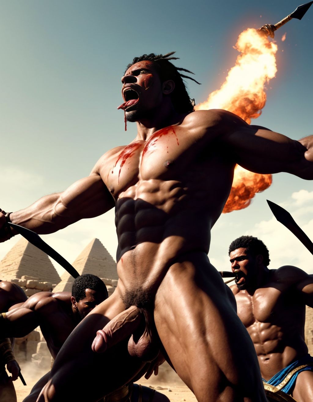Ramsés 2 desnudo, testículos grandes, pene prominente, dispara flechas desde carro de guerra, rodeado de soldados desnudos heridos, sangre y sudor en la piel, tres guerreros musculosos lo flanquean, un esclavo abraza a uno, recibiendo sexo oral, pene en boca, gritos de guerra, pasión desinhibida, intensa batalla, cuerpos tensos, músculos definidos.