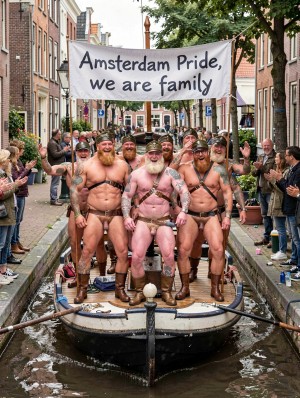 Un grupo de hombres barbudos y corpulentos navega por un canal de Ámsterdam durante el Amsterdam Pride, posando sonrientes sobre una embarcación estrecha mientras el público a ambos lados de la calle les aplaude. Llevan estética leather y fetish, con arneses negros cruzados sobre el pecho desnudo, suspensorios o tangas de cuero, botas altas, gorras de estilo motero y accesorios como muñequeras, collares y tatuajes visibles, creando una escena festiva, provocadora y comunitaria. Sobre ellos cuelga una pancarta blanca con el mensaje “Amsterdam Pride, we are family”, reforzando el ambiente de celebración LGBTQ+, diversidad, orgullo gay y hermandad. El entorno urbano, con casas de ladrillo, árboles y el agua del canal, sitúa la escena en una típica calle holandesa llena de espectadores.