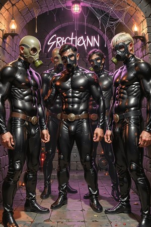 Cinco hombres musculosos posan en un túnel de ladrillo con estética oscura y fetichista, vestidos con trajes negros de látex muy ajustados y brillantes que resaltan el torso, los abdominales y las piernas. Todos llevan máscaras antigás o respiradores, algunos con detalles morados en los tubos y filtros, además de cinturones con hebillas metálicas y botas negras. La iluminación mezcla tonos cálidos de antorchas con luces violetas y rosadas, creando un ambiente de mazmorra industrial o club underground. Al fondo aparece un letrero luminoso con la palabra “SICKTOWN”, telarañas decorativas y altavoces, reforzando una atmósfera cyberpunk, gótica y de dominación visual intensa.